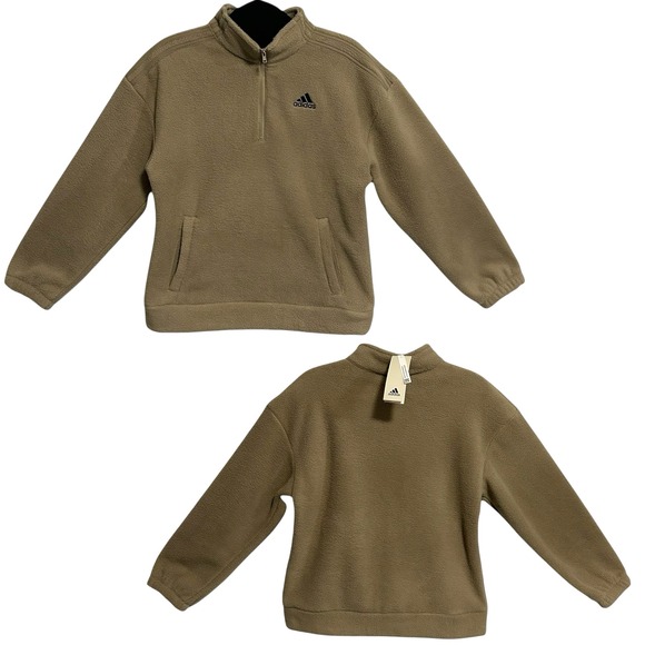 Adidas Boys Fleece Pullover Sweater Size 8 (S) Mock Neck Beige Brown Quarter-Zip - Picture 1 of 6